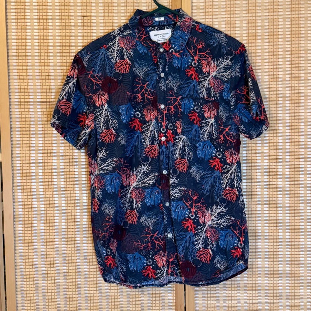 Paperdenim&cloth Mens Large Slim Fit Coral‎ Reef Print Short Sleeve Button Down